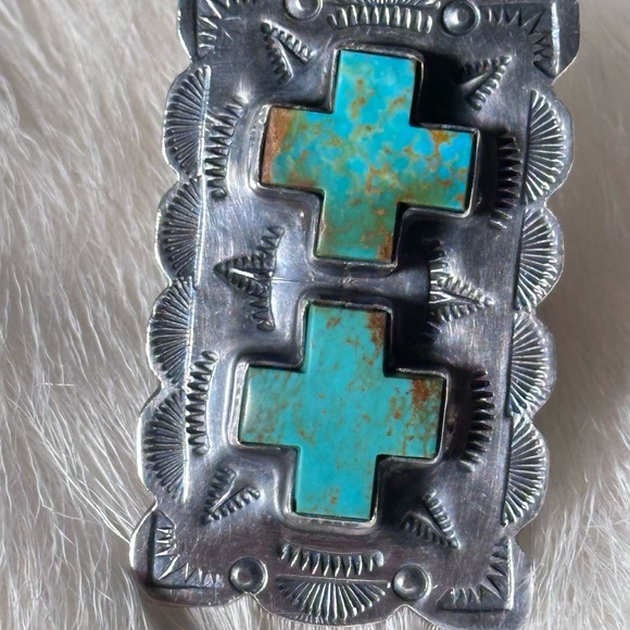 Vintage Native American Sterling Turquoise Signed Ring Adjustable Heavy 19 Grams - Picture 9 of 9